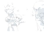  3boys :3 greyscale hanamura_yousuke hiding hiding_behind_another holding holding_snowball jacket kkyagdoyo164972 korean_text kuma_(human)_(persona_4) kuma_(persona_4) long_sleeves looking_at_another male_focus monochrome multiple_boys narukami_yu open_mouth pants persona persona_4 short_hair simple_background smile snow_on_face snowball snowball_fight standing translation_request turning_head white_background 