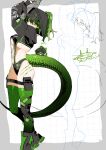  1girl absurdres alternate_costume arknights arknights:_endfield black_jacket breasts commentary cropped_jacket endfield_industries_logo english_commentary fluorite_(arknights) green_hair green_tail green_thighhighs grey_hood hair_through_hood highres hood hood_up hooded_jacket jacket lizard_tail long_sleeves midriff navel puffy_long_sleeves puffy_sleeves shrug_(clothing) shumoo_66 snake_girl snake_tail suspenders tail thighhighs underboob 