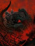  2boys anguirus back_spikes biting biting_another biting_another's_arm clawed_feet claws commentary_request debris destruction fighting flaming_eyes fuhatsu_eekoodan giant giant_monster glowing glowing_eyes godzilla godzilla_(series) godzilla_raids_again highres horns kaiju multiple_boys no_humans no_pupils open_mouth orange_eyes outdoors red_theme scales sharp_teeth spiked_shell spines splinter tail teeth toho_(movie_company) tokusatsu 