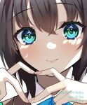  1girl aoi_erika aqua_eyes black_hair blue_bow blue_bowtie blush bow bowtie character_name closed_mouth commentary_request dated eyelashes fingernails four-finger_heart_hands hair_between_eyes hands_up happy happy_birthday heart heart_hands heaven_burns_red highres looking_at_viewer medium_hair negino_yurine portrait simple_background smile solo white_background wolf_cut 