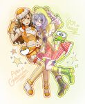  2girls animal_hood arm_up artist_collaboration asahi_rokka bang_dream! bang_dream!_girls_band_party! blonde_hair bloomers blue-framed_eyewear blue_hair boots bow bowtie braid brown_eyes character_name commentary crop_top crossover english_commentary food-themed_hat frilled_skirt frills frog_hood full_body glasses gloves green_boots green_eyes green_hood green_outline green_raincoat gudetama hair_bow halftone halftone_background hasunoue_keroppi hat highres hood hood_up ichigaya_arisa kero_kero_keroppi kneehighs layered_skirt layered_sleeves light_blush long_hair long_sleeves low_twin_braids luvechaee midriff multi-source_commentary multicolored_shirt multiple_girls neck_ribbon one_eye_closed open_mouth orange_gloves orange_hat orange_ribbon orange_shorts outline polka_dot polka_dot_boots polka_dot_skirt raincoat rairakkyue red_bow red_bowtie red_skirt ribbon round_eyewear rubber_boots sanrio shirt shoes short_sleeves shorts single_thighhigh skirt socks sparkle star_(symbol) striped_clothes striped_skirt striped_thighhighs thighhighs twin_braids two-tone_hat white_hat white_shirt white_shoes yellow_outline yellow_shirt yellow_socks 