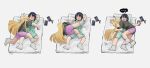  >_< 2girls absurdres ahoge blonde_hair blue_shirt blue_shorts cellphone cho_kaguya-hime! closed_eyes closed_mouth commentary couple_lying_together cuddling english_commentary futon highres kaguya_(cho_kaguya-hime!) long_hair lying lying_on_person messy_sleeper mole mole_under_eye multiple_girls omnlet on_back on_side phone pillow purple_hair purple_shorts sakayori_iroha shirt shorts sleeping sleeping_on_person smartphone socks white_socks yuri 