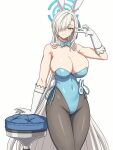  1girl animal_ears aqua_leotard asuna_(blue_archive) asuna_(bunny)_(blue_archive) asymmetrical_bangs blonde_hair blue_archive blue_bow blue_bowtie blue_eyes blue_halo blue_leotard bow bowtie breasts chair commentary_request detached_collar fake_animal_ears gloves grey_pantyhose hair_over_one_eye halo large_breasts leotard long_hair looking_at_viewer mole mole_on_breast official_alternate_costume pantyhose playboy_bunny rabbit_ears shoushin_kazuhisa smile solo strapless strapless_leotard traditional_bowtie white_gloves 