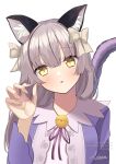  1girl animal_ears bell blunt_bangs blush bow cat_ears cat_girl cat_tail character_name claw_pose commentary_request d: dated extra_ears eyelashes eyes_visible_through_hair fingernails grey_hair hair_bow hair_over_shoulder hand_up happy_birthday head_tilt heaven_burns_red highres jingle_bell long_hair long_sleeves looking_at_viewer making-of_available neck_bell negino_yurine official_alternate_costume official_alternate_hairstyle ogasawara_hisame ogasawara_hisame_(desire_and_reverence) open_mouth pajamas paw_print print_pajamas purple_pajamas red_pupils signature simple_background slit_pupils solo straight_hair tail upper_body white_background wide_sleeves yellow_bow 