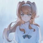  1girl aged_down black_bow black_bowtie bow bowtie chinese_commentary closed_mouth commentary_request dress furrowed_brow green_eyes grey_background hairband highres layered_sleeves long_hair long_sleeves looking_at_viewer mianbao_yao_pangxie orange_hair rain reverse:1999 short_over_long_sleeves short_sleeves solo sonetto_(reverse:1999) traditional_bowtie two_side_up white_dress white_hairband 