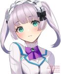  1girl :3 black_bow blunt_bangs blunt_ends blush bow bowtie character_name closed_mouth colored_eyelashes commentary dated eyelashes green_eyes grey_hair hair_bow hairband happy_birthday heaven_burns_red highres jacket lolita_hairband looking_at_viewer medium_hair negino_yurine purple_bow purple_bowtie sidelocks simple_background slit_pupils smile solo sugawara_chie twintails twitter_username upper_body white_background white_jacket wide-eyed 