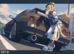  1girl artist_name bare_legs bare_shoulders baronilu blonde_hair blue_eyes car cloud commentary_request commission from_below glasses highres leaning leaning_on_object motor_vehicle nissan nissan_skyline nissan_skyline_gt-r nissan_skyline_r32 original skeb_commission sky smile solo tail twintails 