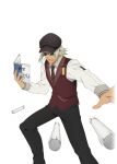  1boy artist_request black-framed_eyewear black_hat black_necktie black_pants book chalk cowboy_shot dezel_(taciturn_professor)_(tales) dezel_(tales) game_cg gradient_hair green_hair grey_hair hat holding holding_book male_focus multicolored_hair necktie official_alternate_costume official_art open_mouth pants print_necktie sharp_teeth shirt short_hair simple_background solo standing tales_of_(series) tales_of_asteria tales_of_zestiria teeth third-party_source throwing tinted_eyewear transparent_background two-tone_hair white_shirt 