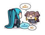  2girls anya_melfissa anya_melfissa_(1st_costume) aqua_hair blonde_hair brown_hair chibi commentary detached_sleeves english_text hair_ornament hairclip hatsune_miku headphones highres hololive hololive_indonesia jitome keenbiscuit long_hair multicolored_hair multiple_girls open_mouth purple_eyes sidelocks skirt smile streaked_hair twintails virtual_youtuber vocaloid 