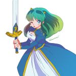  1girl ;o absurdres animal_print artoria_pendragon_(fate) blue_dress blue_eyes cleavage_cutout clothing_cutout commentary_request cone_horns cosplay dress excalibur_(fate/stay_night) fate/stay_night fate_(series) highres holding holding_sword holding_weapon horns long_hair lum miyano68mamo one_eye_closed saber_(fate) saber_(fate)_(cosplay) small_horns solo sword tiger_print urusei_yatsura v-shaped_eyebrows weapon yellow_horns 