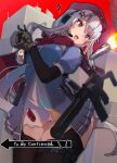  2girls 9a-91 9a-91_(girls'_frontline) ak-74m ak74m_(girls'_frontline) assault_rifle black_thighhighs blue_eyes blue_shirt brown_gloves brown_hair commentary_request giant girls'_frontline gloves grey_hair gun hat headset highres kalashnikov_rifle long_hair missile multiple_girls pez_(pezqaq1) purple_eyes red_hat red_scarf rifle scarf shirt thigh_gap thighhighs thighs weapon 