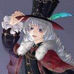  1girl :d arm_up black_dress black_hat blue_eyes blue_feathers bow bowtie cape charlie_(reverse:1999) chinese_commentary commentary_request dress drill_hair feathers frilled_sleeves frills fur-trimmed_cape fur_trim grey_background hand_on_headwear hand_up hat hat_feather long_sleeves looking_at_viewer open_mouth puffy_long_sleeves puffy_sleeves qingniao-baige red_bow red_bowtie red_cape reverse:1999 smile solo teeth top_hat traditional_bowtie twin_drills upper_body upper_teeth_only white_hair 