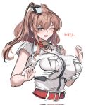  1girl anchor belt blue_eyes blush breast_pocket breasts brown_hair dimos_(dawn_1945) disembodied_hand dress english_text grabbing_another's_breast groping hair_between_eyes hands_up high_side_ponytail highres kantai_collection large_breasts long_hair neckerchief one_eye_closed open_mouth pocket red_belt red_neckerchief saratoga_(kancolle) side_ponytail simple_background smokestack_hair_ornament upper_body white_background white_dress 