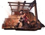  1girl 1other backwards_text destruction fire fire_extinguisher fire_helmet fire_hydrant fire_truck firefighter firefighter_jacket flora_(path_to_nowhere) holding holding_hose holding_walkie-talkie hose hose_nozzle jacket knee_pads ladder motor_vehicle official_art path_to_nowhere purple_hair red_eyes truck unused_tire walkie-talkie 