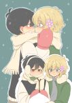  2boys absurdres alternate_costume antenna_hair basil_(faraway)_(omori) basil_(omori) black_eyes black_hair blonde_hair blue_eyes blush coat commentary_request double-parted_bangs earmuffs flipped_hair flower green_background green_coat hair_behind_ear hair_between_eyes hair_flower hair_ornament highres long_sleeves looking_at_another male_focus mittens multiple_boys omori red_mittens scarf shared_clothes shared_scarf short_hair sidelocks simple_background smile sunny_(omori) tareme white_scarf yuuabara 