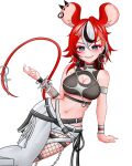  1girl absurdres animal_ears asymmetrical_clothes bare_shoulders black_hair black_shirt blue_eyes blush breasts cleavage commentary cropped_shirt darpi_art earrings english_commentary grey_hair hakos_baelz hakos_baelz_(recolor) highres hololive hololive_english jewelry medium_breasts mouse_ears mouse_girl mouse_tail multicolored_hair pants parted_lips red_hair red_tail sharp_teeth shirt simple_background single_pantsleg smile solo streaked_hair tail teeth virtual_youtuber white_background white_pants 