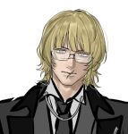  1boy badeni bespectacled black_jacket black_necktie blonde_hair blunt_bangs chi.:_chikyuu_no_undou_ni_tsuite collared_shirt commentary_request contemporary glasses jacket male_focus medium_hair necktie nomunomuwotaku scar scar_on_face scar_on_mouth shirt simple_background solo unfinished white_background white_shirt wing_collar 