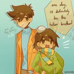  2boys alternate_costume alternate_eye_color artist_name blue_background blue_sweater blush breast_pocket brothers coat commentary dark-skinned_male dark_skin dated double-parted_bangs english_commentary english_text green_jacket hair_between_eyes happy_birthday hector_(omori) hero_(faraway)_(omori) hero_(omori) jacket kel_(faraway)_(omori) kel_(omori) long_sleeves looking_at_another male_focus mini_party_hat multiple_boys omori open_clothes open_coat open_mouth orange_coat pet_rock pocket saii_(komaedaahj) scarf short_hair siblings simple_background smile smug speech_bubble striped_clothes striped_scarf sweatdrop sweater teeth upper_teeth_only vertical-striped_clothes vertical-striped_scarf white_background zipper zipper_pull_tab 