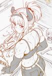  1girl animal_ears arknights belt blush broken_horn caffichai closed_mouth commentary commission double-sided_wrench earrings elbow_gloves english_commentary from_behind gloves hairband highres horns jewelry median_furrow pants pocket pointy_ears ponytail solo spot_color sweat tail vulcan_(arknights) wrench 