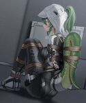  1girl absurdres arknights arknights:_endfield arms_behind_back ass bdsm black_bodysuit bodysuit bondage bound bound_ankles bound_arms bound_legs bound_thighs bound_torso bound_wrists breasts bt_(3212637) fingerless_gloves fluorite_(arknights) gloves green_eyes green_hair green_tail hair_through_hood highres hood hood_up large_breasts lizard_tail looking_at_viewer paid_reward_available reptile_girl restrained rope shibari shibari_over_clothes smile snake_girl snake_tail solo tail 