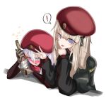  9a-91_(girls'_frontline) ak74m_(girls'_frontline) alcohol blue_eyes bottle brown_gloves brown_hair commentary_request drunk girls'_frontline gloves grey_hair hair_between_eyes hand_on_own_chin hat highres holding holding_bottle looking_at_viewer oadooo72196 purple_eyes red_hat vodka white_background 