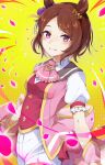  1girl absurdres animal_ears ascot blush breasts brown_hair commentary_request ear_scrunchie flower-shaped_pupils flower_in_eye hair_ornament highres horse_ears horse_girl looking_at_viewer medium_breasts open_mouth pink_ascot pink_eyes puffy_short_sleeves puffy_sleeves purple_eyes ra_mun5239 sakura_laurel_(saisir_le_reve)_(umamusume) sakura_laurel_(umamusume) shirt short_hair short_sleeves shorts smile solo symbol-shaped_pupils symbol_in_eye umamusume white_shorts 