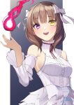 1girl :d \||/ bare_shoulders blunt_bangs blush bow breasts brown_hair character_name commentary_request cowboy_shot dated detached_sleeves dress eyelashes fingernails frilled_sleeves frills grey_background hair_bow hair_ribbon hand_up happy happy_birthday heaven_burns_red heterochromia highres hiiragi_kozue hiiragi_kozue_(denouement's_nightfall) hitodama large_breasts long_sleeves looking_at_viewer making-of_available medium_hair neck_ribbon negino_yurine official_alternate_costume open_mouth purple_eyes red_ribbon ribbon sideboob signature simple_background sleeveless sleeveless_dress slit_pupils smile solo teeth upper_teeth_only white_bow white_dress white_ribbon wide_sleeves yellow_eyes 