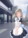  1girl absurdres akihabara_(tokyo) apron arched_bangs black_dress black_ribbon blurry blurry_background blush brown_eyes brown_hair cloud cloudy_sky commentary_request dress frilled_dress frills highres long_hair looking_at_viewer love_live! love_live!_school_idol_project maid maid_apron maid_headdress minami_kotori neck_ribbon one_side_up open_mouth own_hands_together photo_background pleated_dress puffy_short_sleeves puffy_sleeves ribbon shinonome_sakura short_sleeves sky smile solo teeth upper_body upper_teeth_only white_apron 