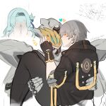  1boy 1girl ? ?? armor artist_name black_boots black_gloves black_hairband black_jacket black_pants black_ribbon blue_hair blush blush_stickers boots caelus_(honkai:_star_rail) caessy_mp11 carrying closed_eyes closed_mouth covering_face fingerless_gloves firefly_(honkai:_star_rail) from_side full_armor gloves grey_armor grey_hair hair_between_eyes hair_ornament hair_ribbon hairband hand_up hands_up heart helmet hetero highres honkai:_star_rail honkai_(series) hood hooded_jacket jacket kiss kissing_cheek leaf_hair_ornament long_hair long_sleeves mecha multicolored_armor notice_lines pants power_armor princess_carry reverse_princess_carry ribbon robot sam_(honkai:_star_rail) short_hair shy simple_background speech_bubble thought_bubble trailblazer_(honkai:_star_rail) upper_body wavy_hair white_background yellow_armor 