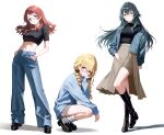  3girls absurdres bespectacled black_boots black_ribbon black_shirt black_shoes black_sweater blonde_hair blue_cardigan blue_eyes blue_jacket blue_pants boots braid breasts brown-framed_eyewear brown_hair cardigan closed_mouth collared_jacket collared_shirt commentary enu_illustip expressionless fujita_kotone gakuen_idolmaster glasses green_eyes green_hair grey_shorts grey_skirt hair_ribbon hanami_saki highres idolmaster jacket knee_boots loafers long_sleeves looking_at_viewer loose_socks low_twin_braids medium_breasts medium_skirt miniskirt multiple_girls navel open_clothes open_jacket overskirt pants pleated_skirt re;iris_(idolmaster) ribbed_cardigan ribbon shadow shirt shoes shorts simple_background single_off_shoulder skirt socks squatting standing stomach sweater tsukimura_temari turtleneck turtleneck_sweater twin_braids white_background white_socks yellow_eyes 