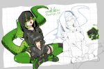  1girl absurdres alternate_costume arknights arknights:_endfield black_jacket breasts commentary cropped_jacket endfield_industries_logo english_commentary fluorite_(arknights) green_hair green_tail green_thighhighs grey_hood hair_through_hood highres hood hood_up hooded_jacket jacket lizard_tail long_sleeves midriff navel puffy_long_sleeves puffy_sleeves shumoo_66 snake_girl snake_tail tail thighhighs underboob 