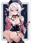  1girl :/ arm_warmers aura_(sousou_no_frieren) black_background black_collar black_dress black_hat black_shoes border breasts brooch character_charm charm_(object) cleavage closed_mouth collar commentary contemporary demon_horns demon_tail drawn_horns drawn_tail dress ear_piercing earrings elf english_commentary feet_out_of_frame fishnet_thighhighs fishnets frieren green_eyes grey_border hair_intakes halterneck hat heart heart_tail heart_tattoo highres holding holding_pen horns jewelry large_breasts leg_tattoo light_blush long_hair looking_at_viewer loose_hair_strand makeup multiple_necklaces necklace parted_bangs pen piercing pointy_ears red_arm_warmers runny_makeup sachichuu shoes single_earring sitting sleeveless sleeveless_dress solo sousou_no_frieren sparkle star_(symbol) star_necklace studded_collar tail tattoo thighhighs twitter_username v-shaped_eyebrows white_border white_hair x_x zettai_ryouiki 
