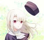  1girl azami_masurao bangs eyebrows_visible_through_hair fate/stay_night fate_(series) floating_hair hair_between_eyes hair_intakes highres illyasviel_von_einzbern long_hair open_mouth portrait purple_capelet red_eyes silver_hair solo white_background 