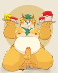  2020 4:5 absurd_res anthro balls belly blue_eyes blush brown_body brown_fur canid canine canis cute_fangs domestic_dog erection fur genitals hi_res humanoid_genitalia humanoid_penis kemono male mammal nipples overweight overweight_anthro overweight_male penis pokemon_cafe_mix qqmelon888 simple_background solo white_body white_fur 