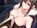  1girl bangs bare_shoulders black_dress blush breasts brown_hair center_opening cleavage collarbone consort_yu_(fate) dress earrings fate/grand_order fate_(series) fur_collar jewelry large_breasts long_hair long_sleeves looking_at_viewer multiple_earrings parted_lips pd_(pdpdlv1) red_eyes revealing_clothes ribbon-trimmed_dress strapless strapless_dress sword very_long_hair weapon 