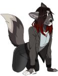  african_wild_dog ako_(character) anthro bottomwear canid canine clothing hair invalid_tag jacket kasusei leather leather_jacket looking_at_viewer male mammal one_eye_closed pants raised_tail red_hair solo topwear wink 