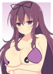  1girl arm_under_breasts bangs bikini black_ribbon border breasts cleavage collarbone frown hair_between_eyes hair_ribbon highres huge_breasts ichiryuu_tsumiki long_hair murasaki_(senran_kagura) purple_background purple_bikini purple_eyes purple_hair ribbon senran_kagura sidelocks solo swimsuit wardrobe_malfunction white_border 