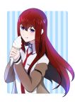  1girl :q absurdres bangs blue_background blue_eyes blush border brown_coat closed_mouth clothes_down coat collared_shirt eyebrows_visible_through_hair floating_hair food hair_between_eyes highres holding holding_food ice_cream long_hair long_sleeves makise_kurisu makisu necktie outside_border red_hair red_neckwear shiny shiny_hair shirt smile solo steins;gate straight_hair striped striped_background tayutau0a0 tongue tongue_out upper_body very_long_hair white_border white_shirt wing_collar 