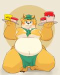  2020 4:5 absurd_res anthro apron belly blue_eyes blush brown_body brown_fur bulge canid canine canis clothing cute_fangs domestic_dog fur hi_res kemono male mammal overweight overweight_anthro overweight_male pokemon_cafe_mix qqmelon888 simple_background solo white_body white_fur 