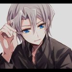  1boy bangs bishounen black_shirt blue_eyes collarbone dress_shirt edo_phoenix grey_background hair_between_eyes hair_intakes male_focus mikami_(mkm0v0) open_mouth shiny shiny_hair shirt silver_hair simple_background solo upper_body yuu-gi-ou yuu-gi-ou_gx 