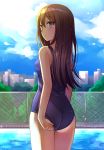  1girl adjusting_clothes adjusting_swimsuit ass bangs blue_swimsuit blush breasts brown_hair cloud day eyebrows_visible_through_hair green_eyes hair_between_eyes idolmaster idolmaster_cinderella_girls long_hair looking_back outdoors pool school_swimsuit shibuya_rin shiny shiny_hair small_breasts solo sparkle straight_hair swimsuit thigh_gap very_long_hair z.nov 