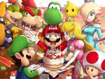  2girls 5boys :d ? anniversary aqua_dress blonde_hair blue_eyes blue_overalls bottle bowser bowser_jr. breasts brown_hair cake crown detergent dress earrings facial_hair father_and_son food gonzarez green_headwear hand_on_own_chin highres jewelry luigi luma_(mario) mario mario_(series) medium_breasts multiple_boys multiple_girls mustache open_mouth paper_mario_64 pink_dress princess_peach red_headwear rosalina smile toad twitter_username yoshi 