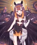  1girl bangs black_dress blunt_bangs dress gloves halo highres himetochan hololive hololive_english holomyth looking_at_viewer ninomae_ina&#039;nis pointy_ears purple_hair smile solo strapless strapless_dress tentacle_hair tentacles thighhighs virtual_youtuber wings 