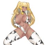  1girl abs animal_print areola_slip areolae bangs bell bell_choker bigfall blonde_hair blush breasts choker cow_bell cow_print dark_elf dark_skin elf eyebrows_visible_through_hair gloves highres horns huge_breasts last_origin looking_at_viewer navel pointy_ears purple_eyes simple_background solo thighhighs twintails two_side_up white_background 