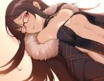  1girl absurdres bangs bare_shoulders black-framed_eyewear black_dress black_jacket blush breasts brown_hair center_opening choker collarbone consort_yu_(fate) dress earrings fate/grand_order fate_(series) fur-trimmed_jacket fur_trim glasses highres jacket jewelry large_breasts long_hair long_sleeves looking_at_viewer multiple_earrings multiple_piercings navel open_clothes open_jacket parted_lips red_eyes revealing_clothes strapless strapless_dress uranoma very_long_hair 
