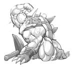  abs anthro biceps chirros clothing digimon digimon_(species) flexing hammer hi_res horn kneeling legwear male mammal muscular muscular_anthro muscular_male nipples pecs shell solo suggestive_pose tights tools tusks vein zudomon 