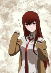  1girl absurdres bangs blue_eyes blush brown_coat clothes_down coat hair_between_eyes highres long_hair long_sleeves makise_kurisu necktie open_clothes open_coat open_mouth red_hair red_neckwear shiny shiny_hair shirt sleeves_past_wrists solo steins;gate straight_hair tayutau0a0 upper_body very_long_hair white_shirt 