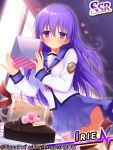  1girl angel_beats! artist_request ass bangs blush breasts closed_mouth commentary_request gift hair_between_eyes heart holding holding_gift irie_(angel_beats!) long_sleeves looking_at_viewer official_art pleated_skirt purple_eyes purple_hair school_uniform shinda_sekai_sensen_uniform skirt solo window 