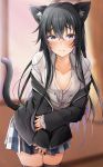  1girl absurdres animal_ears arm_grab black_hair black_legwear blue_eyes blurry blurry_background blush breasts cat_ears cat_girl cat_tail collared_shirt dress_shirt eyebrows_visible_through_hair hair_between_eyes hair_ribbon heavy_breathing highres jacket jacket_removed long_hair looking_at_viewer nakamachi_machi off_shoulder plaid plaid_skirt pleated_skirt ribbon school_uniform shirt skirt slit_pupils solo tail tearing_up thighhighs white_shirt yahari_ore_no_seishun_lovecome_wa_machigatteiru. yukinoshita_yukino zettai_ryouiki 