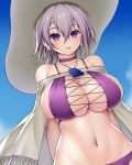  1girl armpit_crease arms_behind_back asamura_hiori azur_lane bangs bare_shoulders bikini blue_sky blush breasts choker cleavage cloak cloud collarbone commentary_request day earrings eyebrows_visible_through_hair grey_hair groin hair_between_eyes hat highres jewelry large_breasts looking_at_viewer midriff navel parted_lips purple_bikini purple_choker purple_eyes reno_(azur_lane) short_hair sideboob sidelocks sky solo standing sun_hat swimsuit upper_body white_cloak 